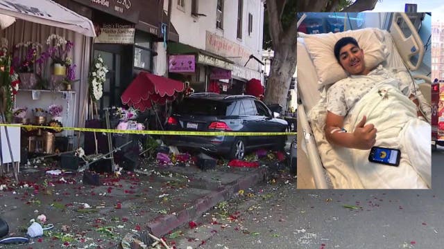 Teen recovering after car jumps curb and crashes into pedestrians in downtown LA's flower district