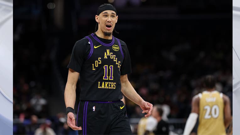 Jaxson Hayes #11 of the Los Angeles Lakers reacts during the first half against the Washington Wizards at Capital One Arena on January 30, 2026 in Washington, DC. (Photo by Scott Taetsch/Getty Images)