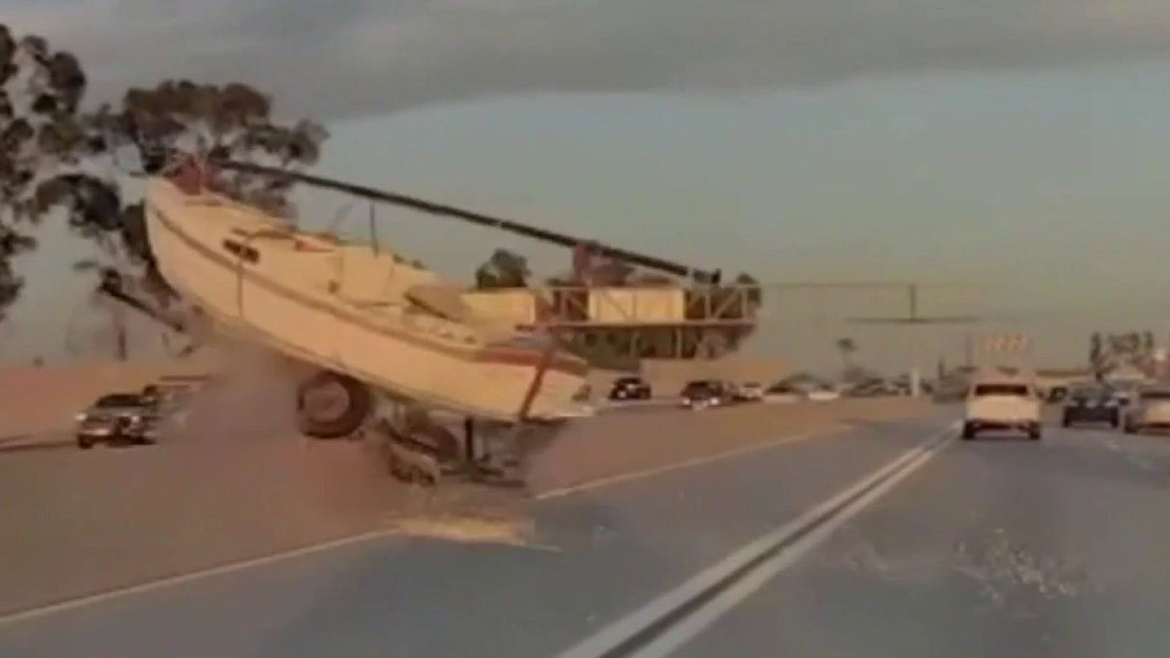 Runaway boat flies over lanes of 91 Freeway in Southern California