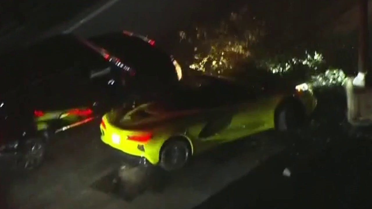 Corvette fakes pumping gas mid-police chase, crashes into tree
