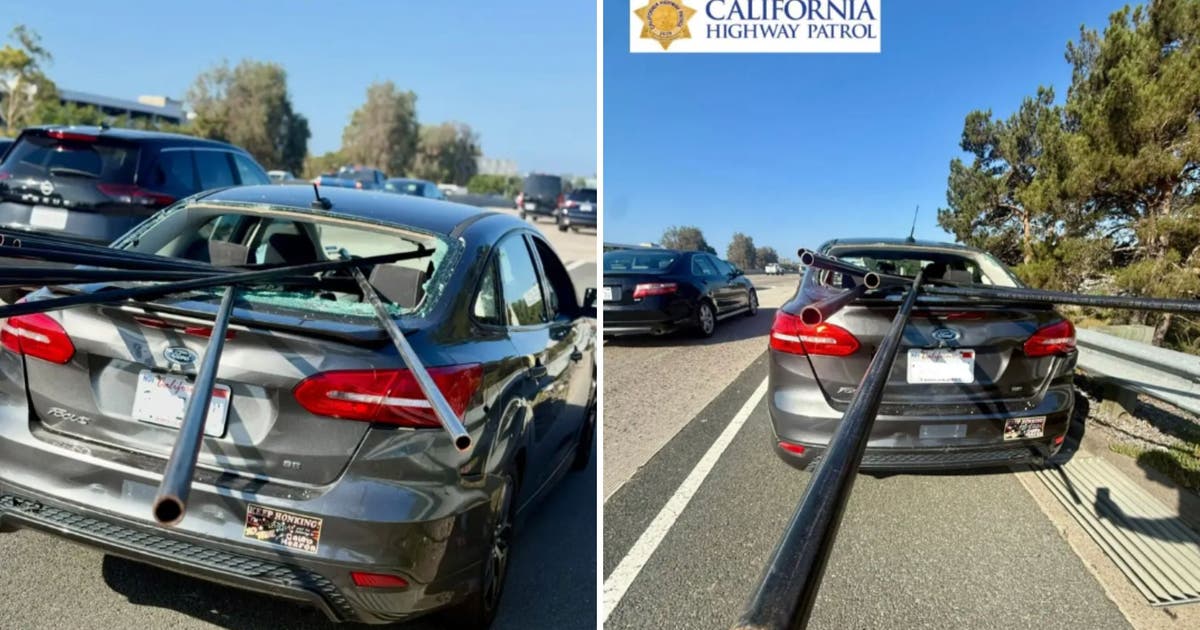Truck carrying metal pipes loses load, spearing through car window in OC crash