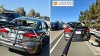 Truck carrying metal pipes loses load, spearing through car window in OC crash