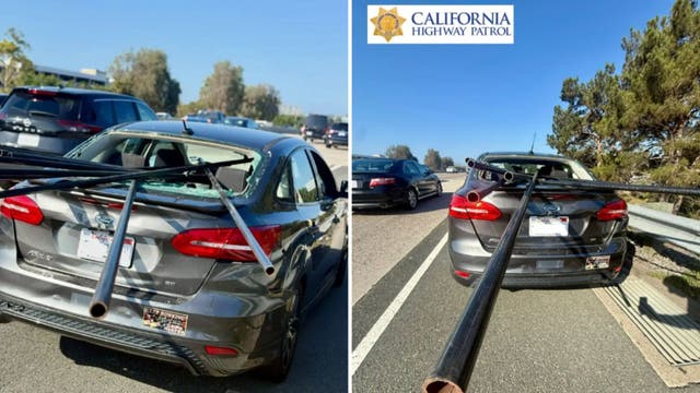 Truck carrying metal pipes loses load, spearing through car window in OC crash