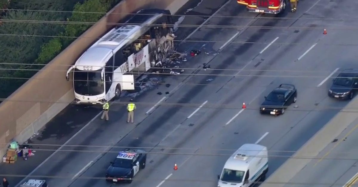 1 dead in 60 Freeway tour bus fire in Hacienda Heights