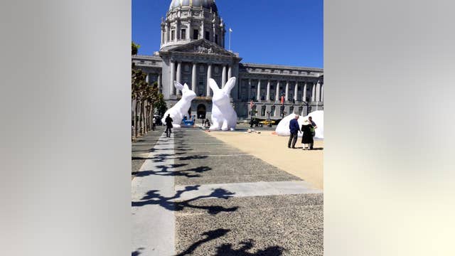 Inflatable white rabbits invade SF Civic Center for 3-week art display