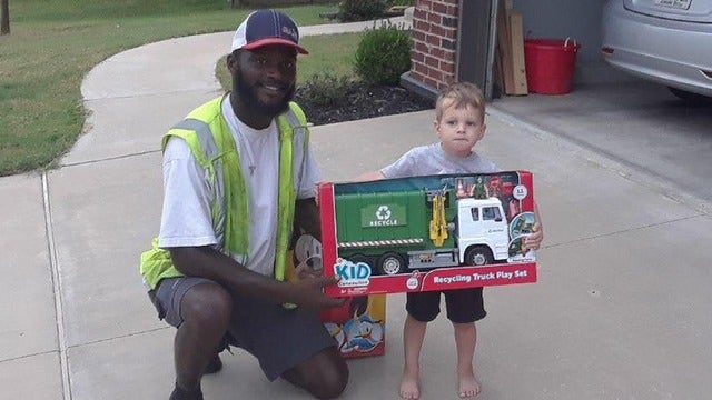 Young boy befriends sanitation worker, surprised with toy recycling truck