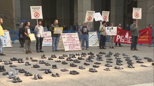 PG&E critics protest outside headquarters, remember Camp Fire victims with 85 pairs of shoes