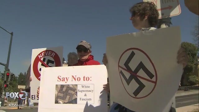 'Get out of my face:' El Sobrante man barked at protest against his swastika