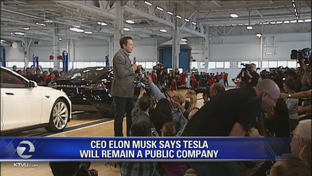 Tesla shares slip after company decides to stay public