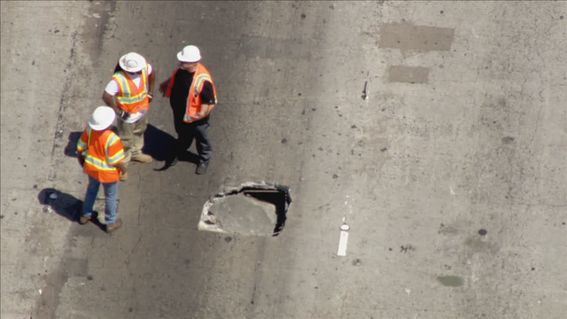 Large pothole, emergency road repairs on southbound I-880 in Oakland