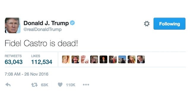 Trump tweets Castro is 'dead!;' Obama say 'history' will be ex-dictator's final 'judge'