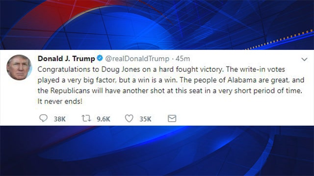 President Trump congratulates Doug Jones on AL Senate win, says Republicans will have "another shot"