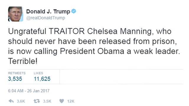 Trump calls Chelsea Manning ‘Ungrateful Traitor' after she blasts Obama
