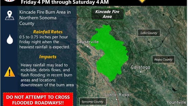 Flash flood watch issued for Kincade Fire burn area