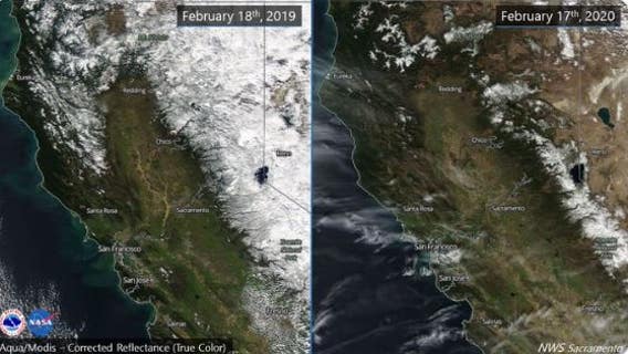 Side-by-side photos: Sierra snow pack below normal, drought returns to California