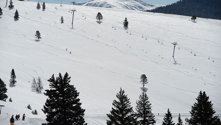 VAIL, CO - April 06: A couple of skiers negotiate the back bowls of the Vail Resort April 06, 2016. (Photo by Andy Cross/The Denver Post via Getty Images)