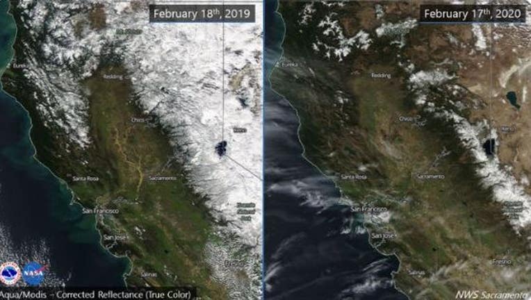 Left: 2019, Right: 2020. Sierra snow pack is below normal for this time of year, at about 58% statewide. Dry weather is expected to continue. Feb. 18, 2020
