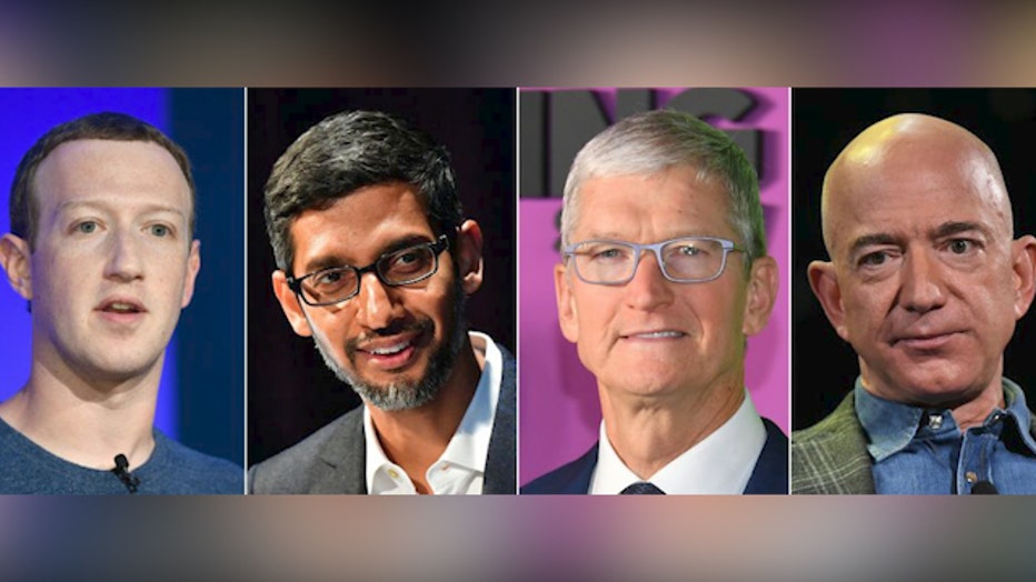 FILE - (L-R) Facebook CEO Mark Zuckerberg, Google CEO Sundar Pichai, Apple CEO Tim Cook and Amazon Founder and CEO Jeff Bezos.