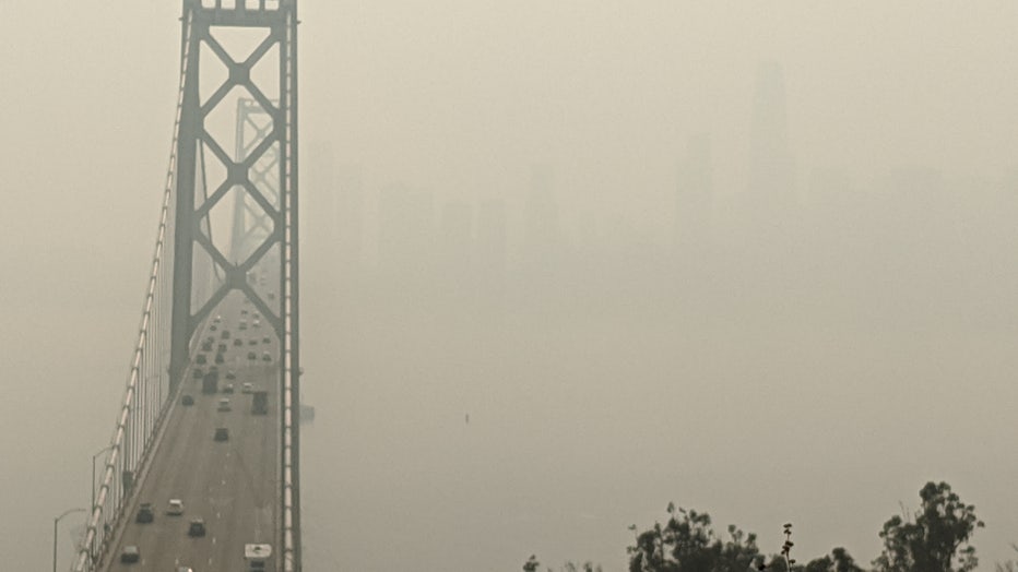 The view of the San Francisco skyline and the Bay Bridge was obscured by smoke on Sept. 11, 2020.