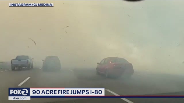 90-acre fire jumps I-80 in Vacaville