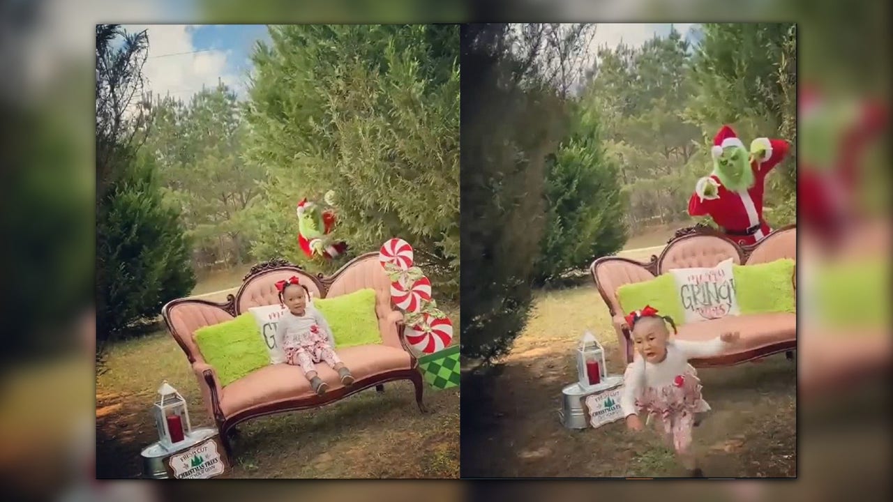 Toddler runs in terror after 'Grinch' surprises her during Christmas