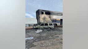 Amtrak train damaged by fire after collision with unoccupied vehicle in Newark