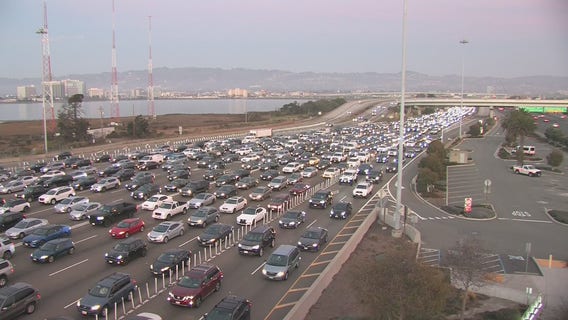 Car caravan in support of Indian farmers blocks traffic on Bay Bridge