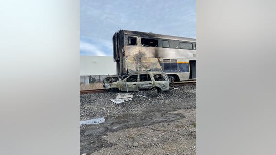 Amtrak train damaged by fire after collision with unoccupied vehicle in Newark