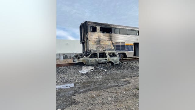 Amtrak train damaged by fire after collision with unoccupied vehicle in Newark