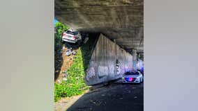 Dramatic crash: Speeding Maserati slams into underside of freeway in Oakland after leading CHP on chase