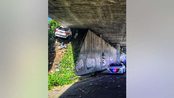 Dramatic crash: Speeding Maserati slams into underside of freeway in Oakland after leading CHP on chase