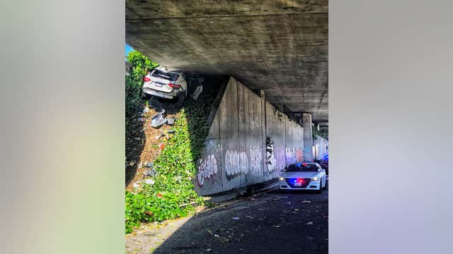 Dramatic crash: Speeding Maserati slams into underside of freeway in Oakland after leading CHP on chase
