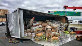 Overturned box truck carrying lettuce blocks lanes on I-80 near the MacArthur Maze