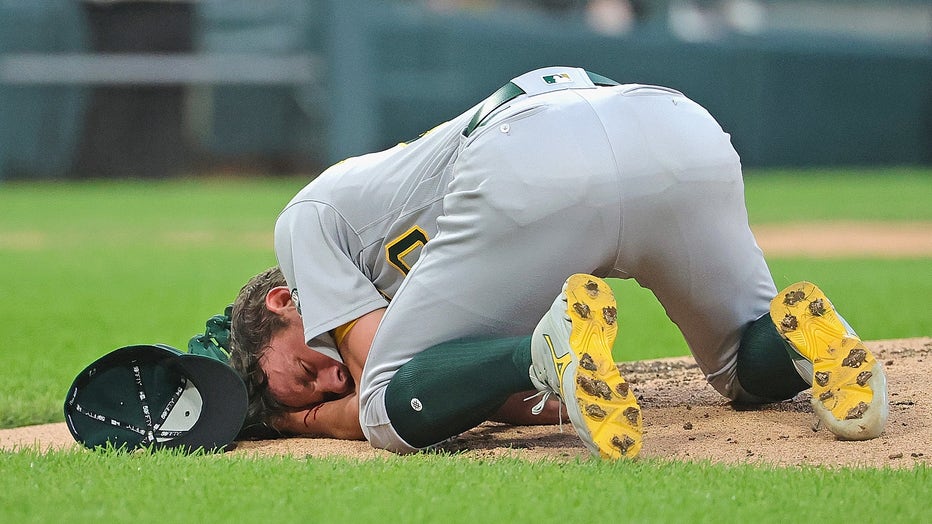 A's right-hander Chris Bassitt struck on head by line drive