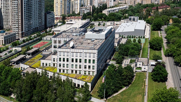 FILE - An aerial view of the U.S. Embassy in Kyiv, Ukraine, in 2020. (Igor Golovniov/SOPA Images/LightRocket via Getty Images)