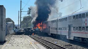 Fiery Caltrain collision with construction cranes injures 13, NTSB investigating