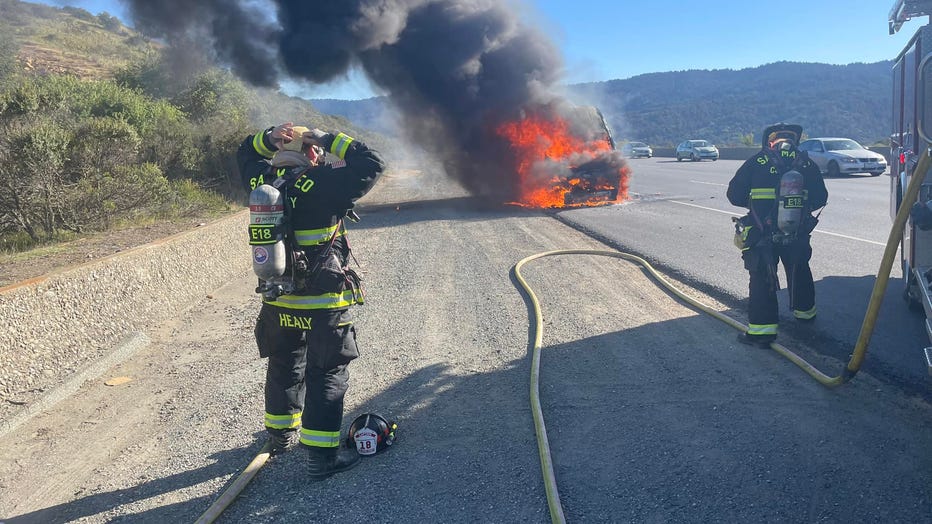 Delivery van destroyed by fire on I 280