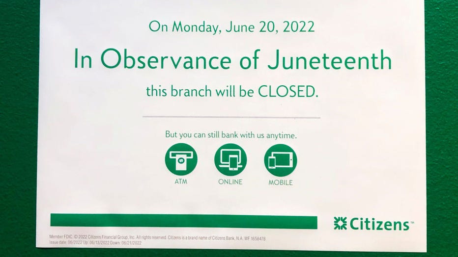Observing Juneteenth, Citizen Bank closed sign posted , Queens, New York