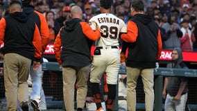 San Francisco Giants short stop, Thairo Estrada, hit in the helmet by a pitch