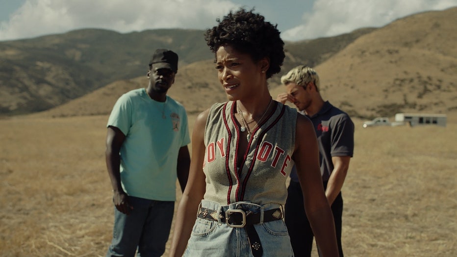 (from left) OJ Haywood (Daniel Kaluuya), Emerald Haywood (Keke Palmer) and Angel Torres (Brandon Perea) in Nope, written, produced and directed by Jordan Peele.