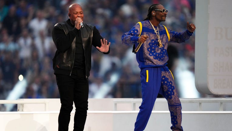 Dr. Dre performs in the Pepsi Halftime Show during the NFL Super Bowl LVI football game between the Cincinnati Bengals and the Los Angeles Rams at SoFi Stadium on Feb. 13, 2022 in Inglewood, California. (Photo by Cooper Neill/Getty Images)