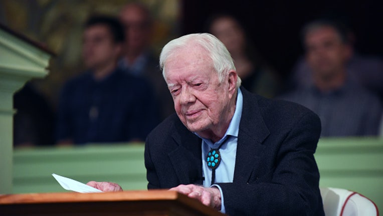 Former U.S. President Jimmy Carter prepares to teach Sunday school at Maranatha Baptist Church in his hometown of Plains, Georgia on April 28, 2019. Carter, 94, has taught Sunday school at the church on a regular basis since leaving the White House in 1981, drawing hundreds of visitors who arrive hours before the 10:00 am lesson in order to get a seat and have a photograph taken with the former President and former First Lady Rosalynn Carter. (Photo by Paul Hennessy/NurPhoto via Getty Images)