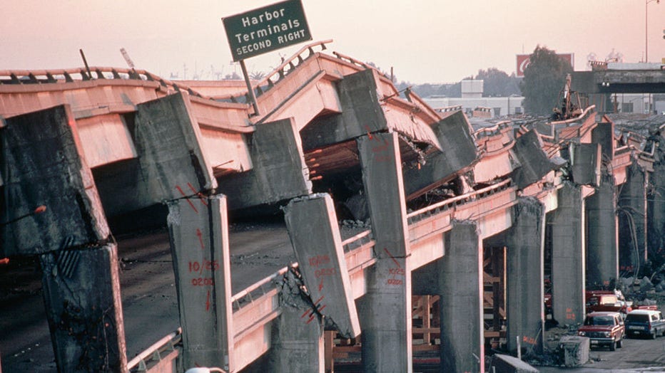 The remains of the Cypress Freeway, which ran through the center of Oakland, following the San Francisco, or Loma Prieta, Earthquake of 1989. (Photo by Jim Sugar/Corbis via Getty Images)