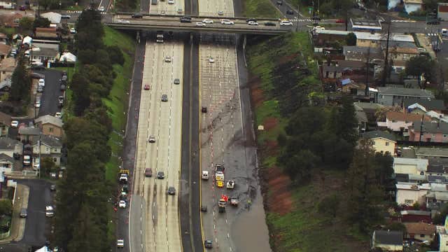 Ducks swim on flooded I-580 freeway in Oakland