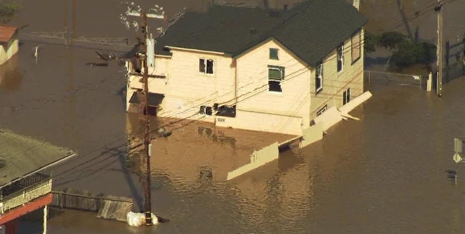 Aerial view of breached levee on the Pajaro River in Monterey County