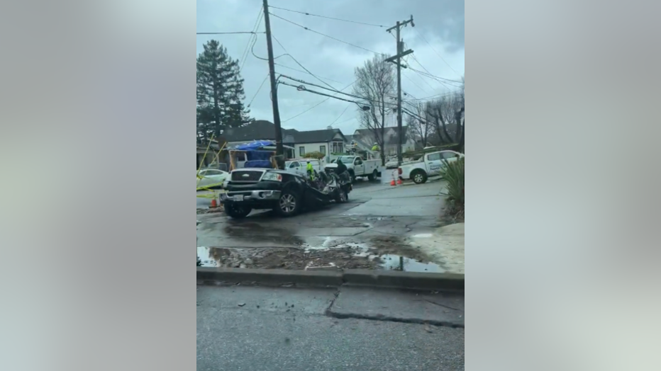 A tree fell onto a truck in Burlingame on Tuesday March 21, 2023.