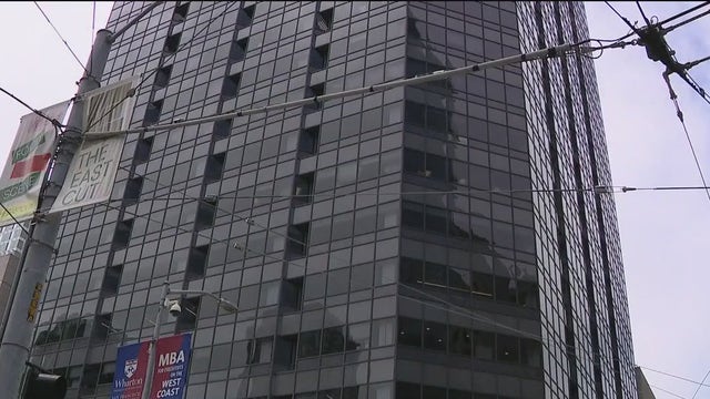 Broken window at San Francisco building at risk of falling