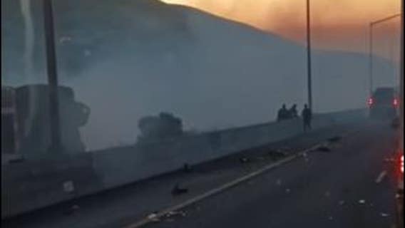 Big rig overturns, catches fire on I-580 in Livermore