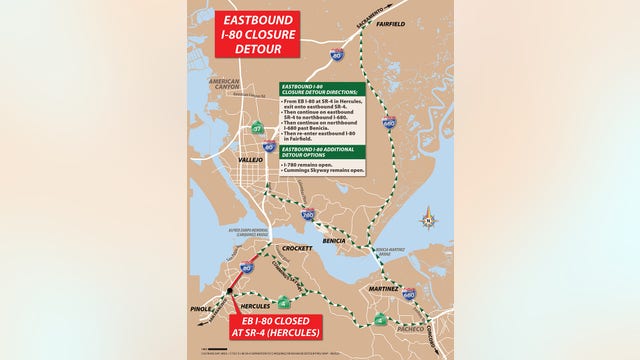 Eastbound I-80 closure at Hercules, detours in place over weekend