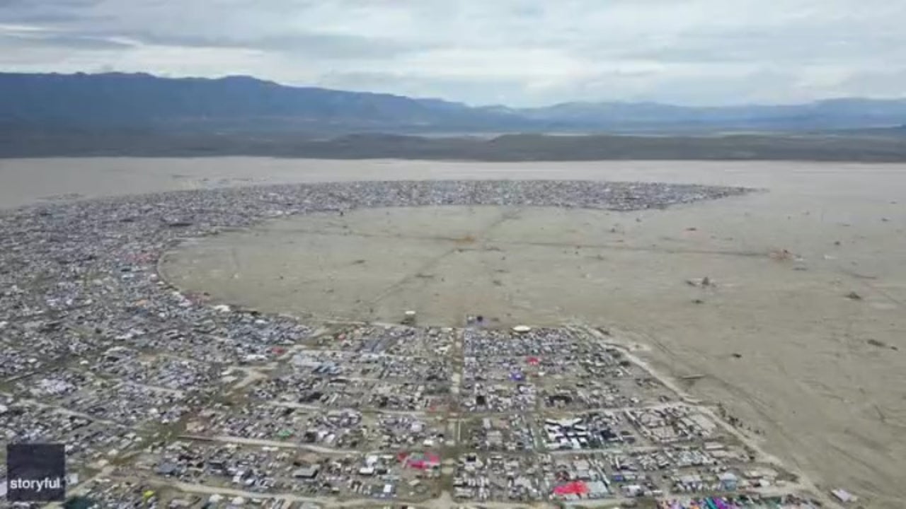 Drone video shows Burning Man flooding in Nevada desert